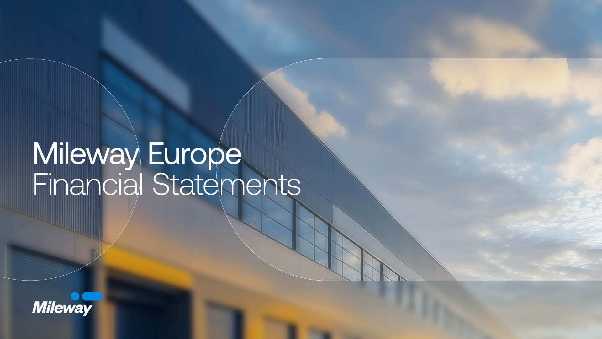 A modern building exterior featuring the Mileway Europe Financial Statements text and Mileway logo set against a cloudy sky.